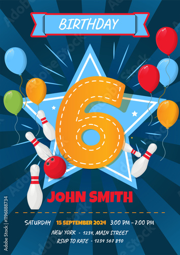 Children's 6th Birthday Invitation Card Featuring Bowling Ball and Pins - Vector Illustration