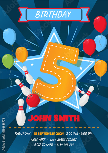 Children's 5th Birthday Invitation Card Featuring Bowling Ball and Pins - Vector Illustration