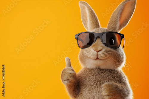 Easter bunny showing thumbs up, close-up on yellow background. Generated by artificial intelligence.