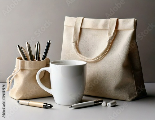 Mock-Up für Merchandising-Set – Tasse, Stift und Stofftasche im minimalistischen Look