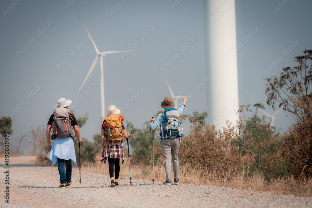 Obraz premium Hiker or explorer on journey carrying backpack, trekking poles hiking landscape with wind turbines farm background trekking and trail exploration holiday ecotourism concept.