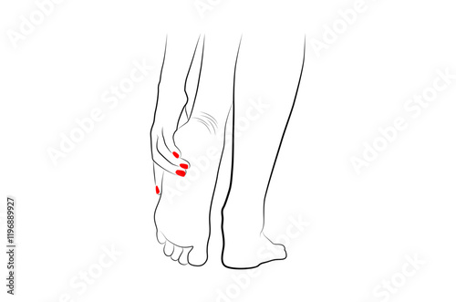 Beautiful woman feet with holding hand and red nails line drawing isolated on white background - vector illustration