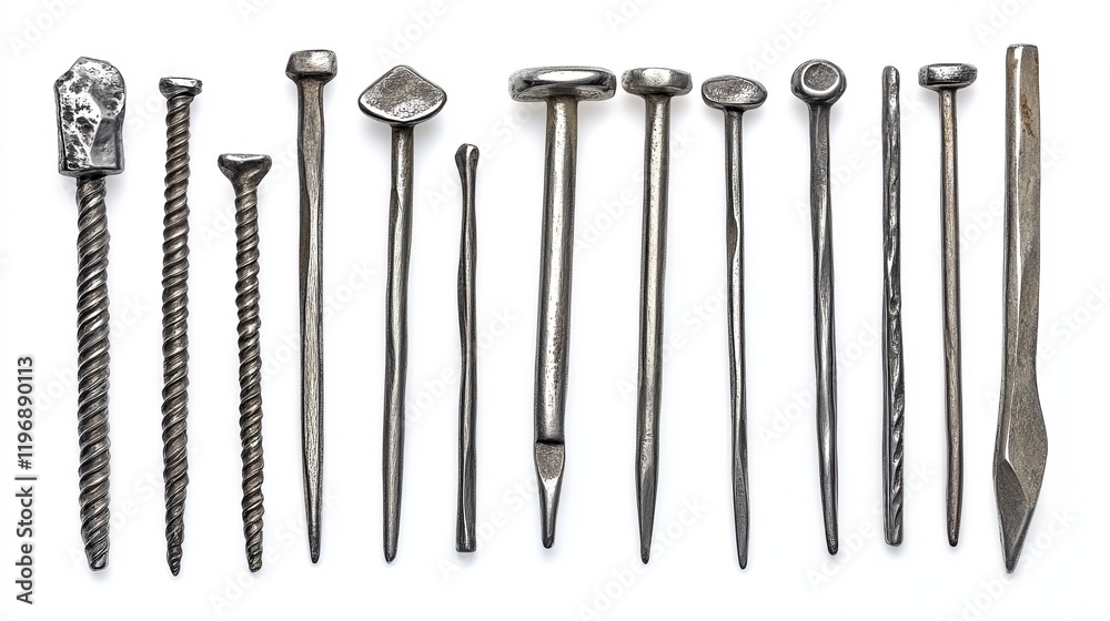 A collection of stainless nails designed with a hammered finish, showcasing steel nails bent in various directions, all depicted against a white background A collection of stainless nails designed with a hammered finish, showcasing steel nails bent in various directions, all depicted against a white background