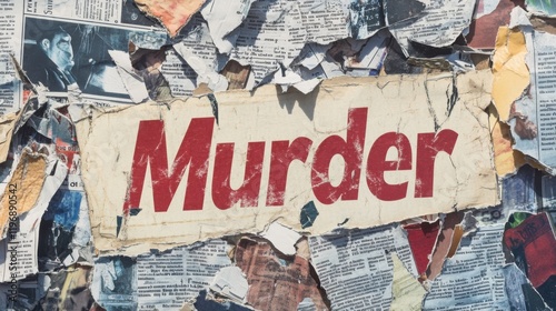 Red Murder Word on Torn Newspaper Collage Background