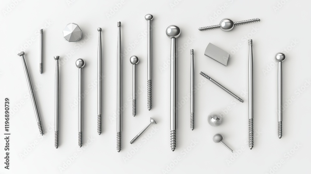 A lifelike 3D visualization of metal nails, including a detailed set of metallic pins displayed as a vector illustration A lifelike 3D visualization of metal nails, including a detailed set of metallic pins displayed as a vector illustration