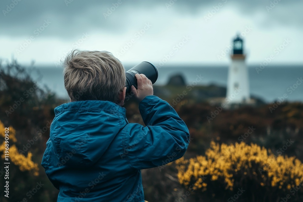 Obraz premium Child views distant lighthouse through lens.
