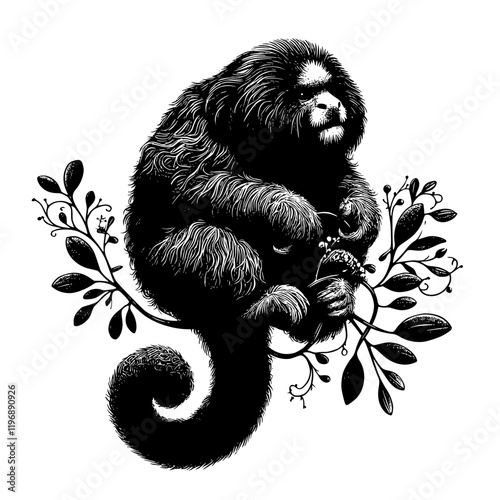 black and white illustration of a Saki monkey,
Silhouette of a Pithecia