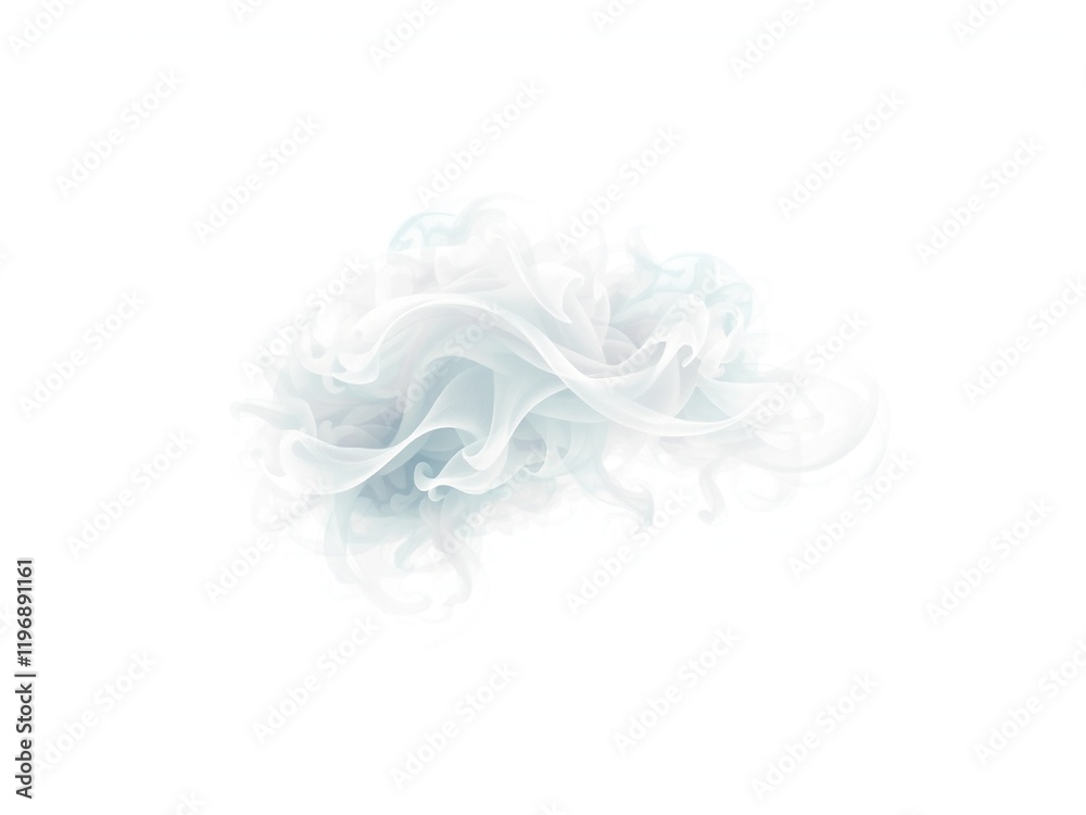 Fototapeta premium A cloud of soft, swirling smoke in gradient tones of white, gray, and light blue. The delicate, ethereal pattern is isolated on a clean white background