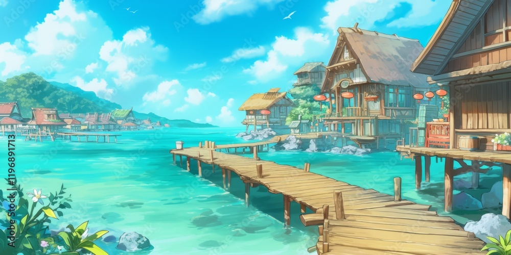 Obraz premium Tropical Island Village Scene . Anime style