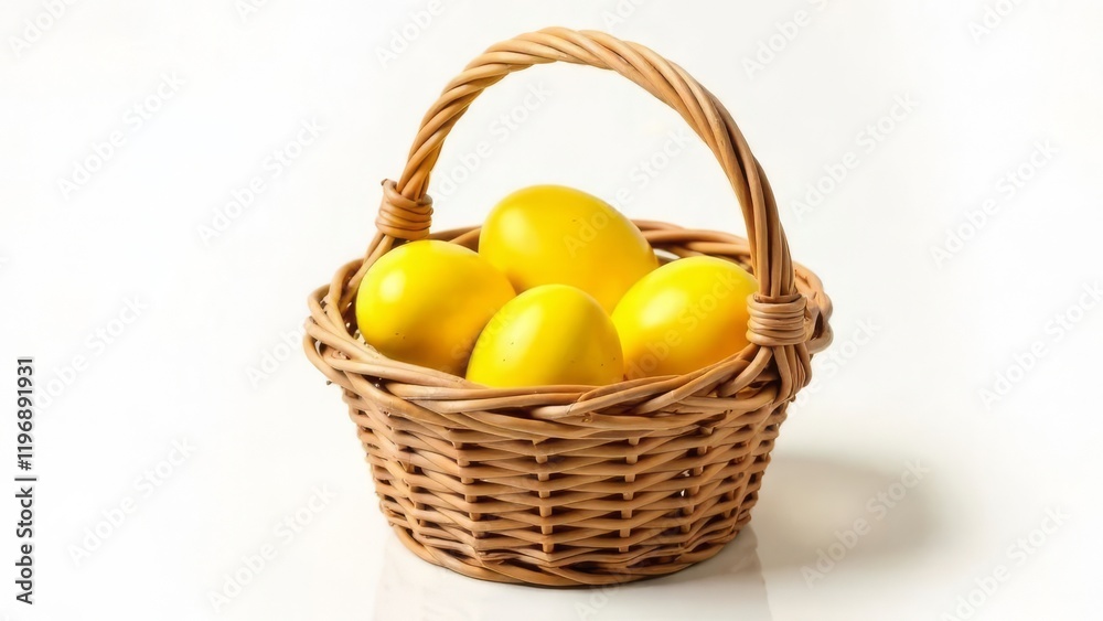 Yellow eggs lie in a wicker basket on a white background Yellow eggs lie in a wicker basket on a white background