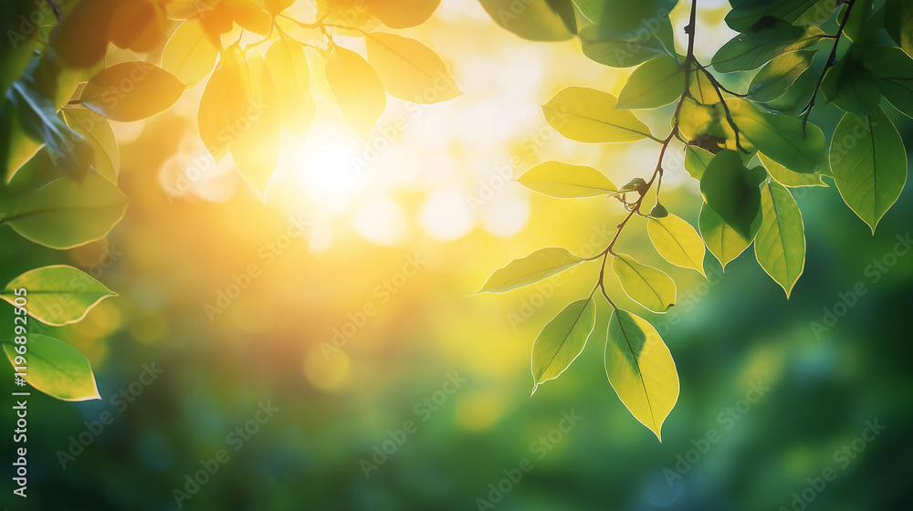 Obraz premium Scenic Forest with Sun Rays Through Fresh Green Deciduous Trees and Lush Foliage