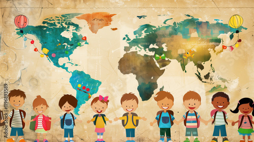 Fototapeta Naklejka Na Ścianę i Meble -  A group of young children holding each others hands standing in front of a world map in illustration art style.