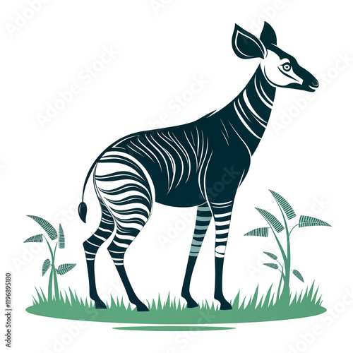An okapi stands proudly in a lush green environment, showcasing its distinctive striped legs and elegant form, surrounded by ferns and grass - Generative AI