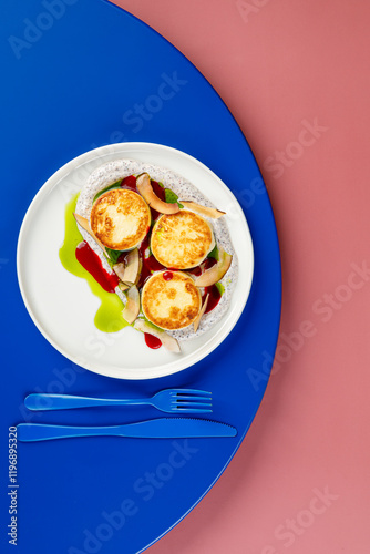Golden Syrnyky with Chia Cream and Fruit Garnish on a Bold Blue and Pink Background