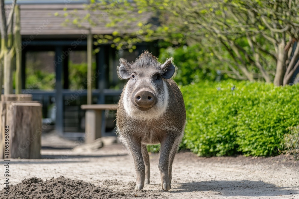 Fototapeta premium Playful Wild Boar Exploring a Calm Nature Setting Surrounded by Lush Greenery and a Bright Blue Sky in a Tranquil Outdoor Environment