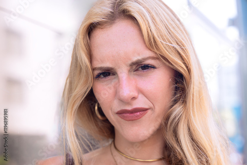 Portrait of a blonde woman with a serious, thoughtful expression. Focus on her facial features and natural beauty, captured outdoors with soft lighting and an urban background. photo