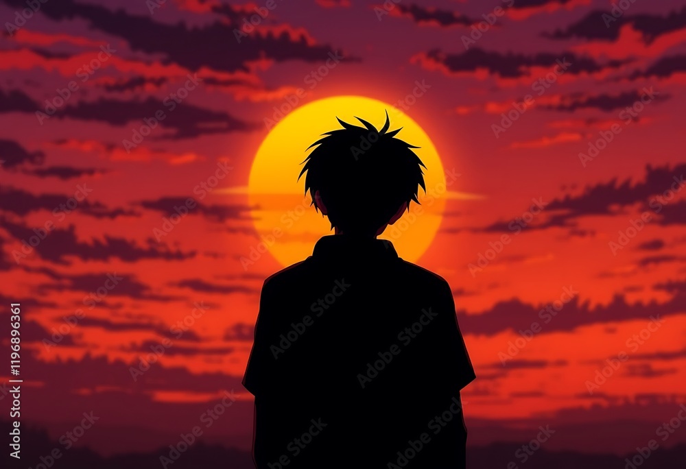 Silhouette Boy Sunset Scene Large Sun Red Sky Anime Style Silhouette Boy Sunset Scene Large Sun Red Sky Anime Style