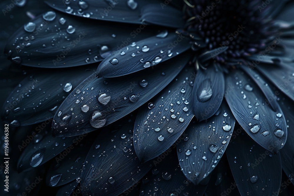 Obraz premium Delicate dark petals of a flower glisten with water droplets, creating a serene and moody atmosphere