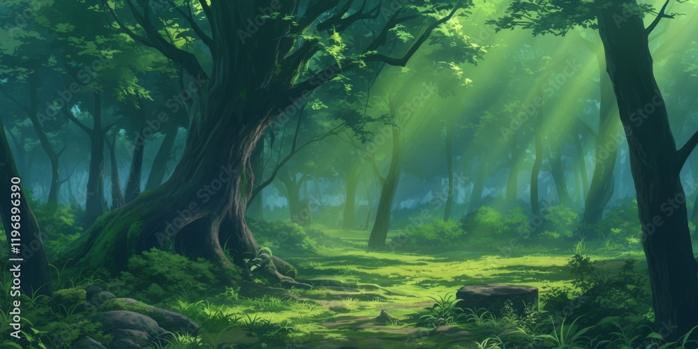 Fototapeta premium Enchanted Forest Pathway - Lush Green Landscape . Anime style