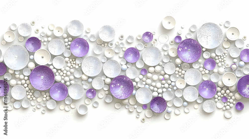 A decorative arrangement of circular shapes in white and purple hues. A decorative arrangement of circular shapes in white and purple hues.