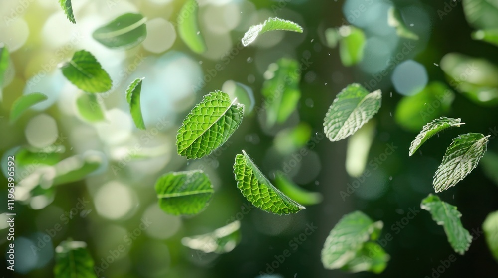 Mint leaves floating beautifully in the air Mint leaves floating beautifully in the air