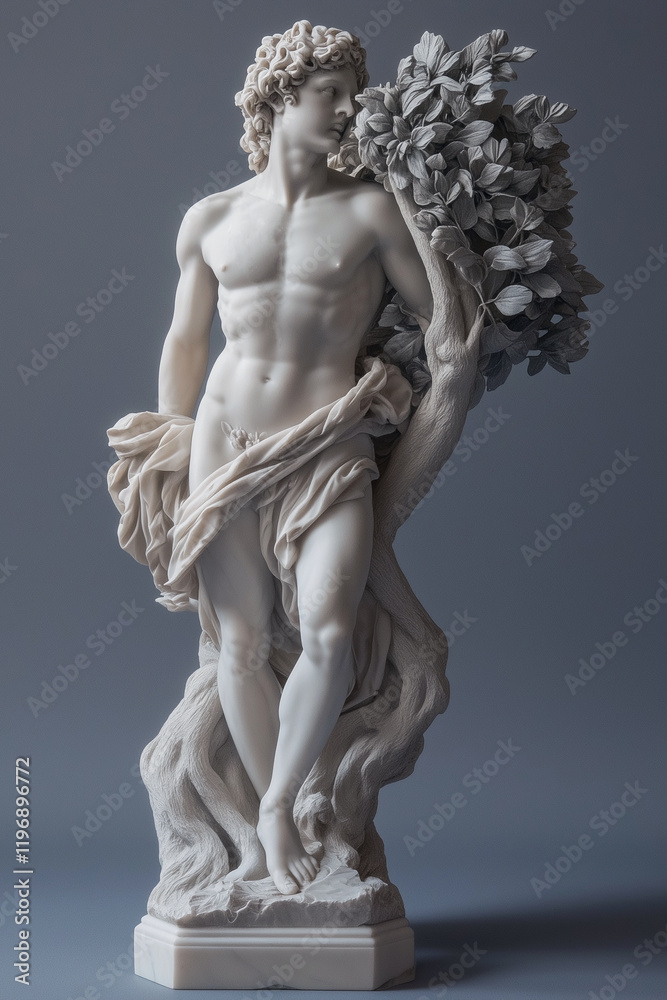 Sorrow and tears of the god of music, poetry, art Apollo due to the loss of the nymph Daphne, who turned into a laurel tree. Ancient mythology. Marble statue. Vertical image. Sorrow and tears of the god of music, poetry, art Apollo due to the loss of the nymph Daphne, who turned into a laurel tree. Ancient mythology. Marble statue. Vertical image.