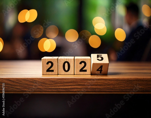Cube en bois pour fêter la nouvelle année 2025 contre 2024 photo
