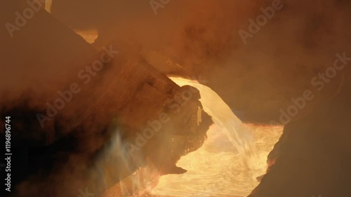 Close-up of a ladle with red-hot liquid metal, which is automatically tilted and poured into a mold or tub. The poured metal is kept in a liquid state by a burner. Puffs of steam are rising.