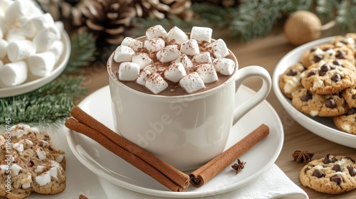 A cozy winter dessert setup with hot chocolate topped with photo