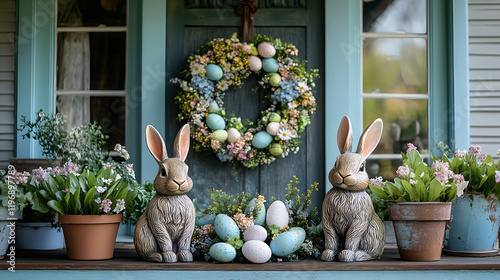 A picturesque front porch decorated for Easter with a wreath made of eggs and flowers, a pair of bunny statues, and potted plants in pastel hues.