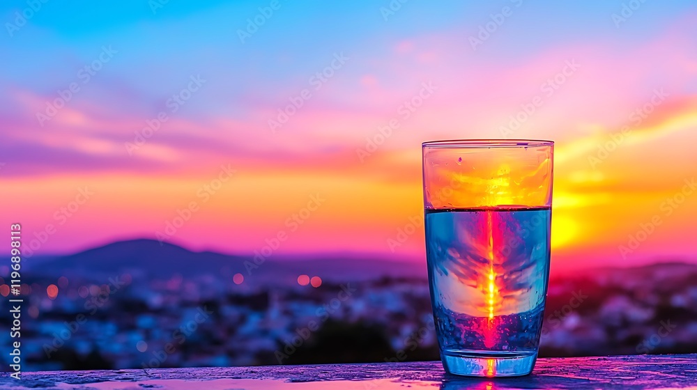 Obraz premium Stunning Sunset View with a Glass of Water Capturing the Essence of a Romantic Dinner Setup in a Picturesque Location Overlooking Scenic Landscape