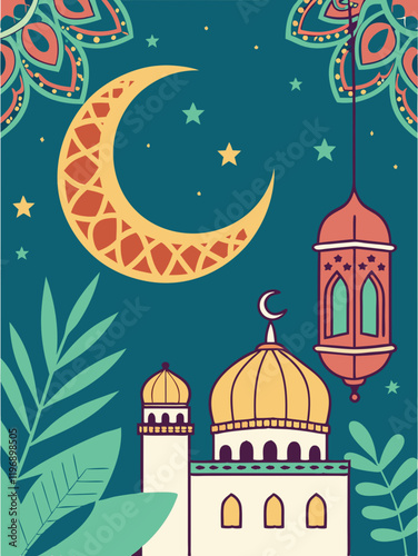Ramadan Kareem.  Vector bright illustration of lantern,mosque and crescent for greeting card, poster or background