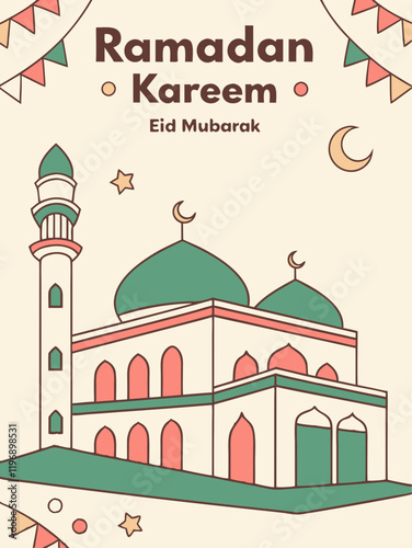 Ramadan Kareem.  Eid Mubarak.Vector illustration of mosque and crescent moon for greeting card, poster or background