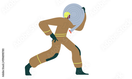 Firefighter carrying hose. Fire fighter, fireman hurrying, holding firehose, firefighting equipment. Emergency service worker going for help. Flat vector illustration isolated on white background.