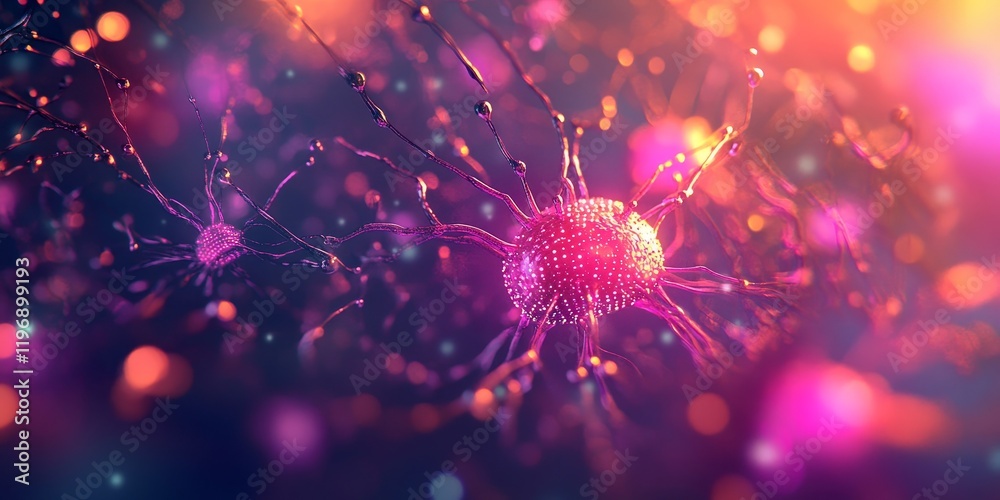 Obraz premium Neural network 3D illustration. Big data and cybersecurity. Data stream. Global database and artificial intelligence. Bright, colorful background with bokeh effect, Generative AI