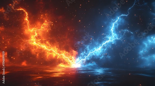 Dynamic Lightning Collision Illustration with Vivid Red and Blue Background Capturing the Essence of Competition and Confrontation in a Vector Style