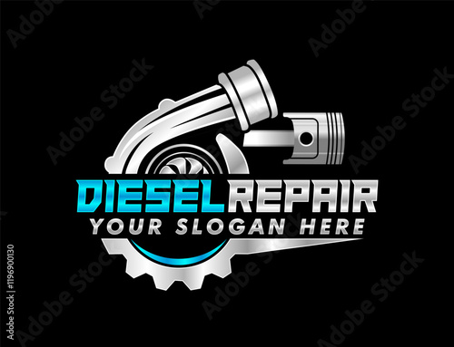 diesel auto repair and garage logo Emblem with gear, turbo, and piston elements