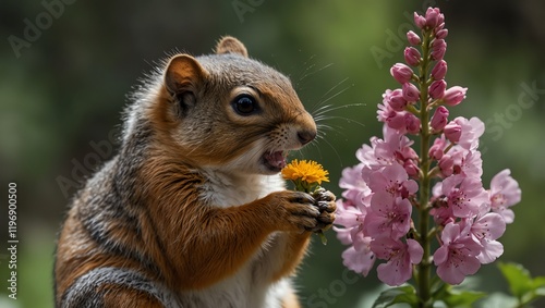 squirrel eating flower . A squirrel is pictured, holding a small yellow flower and seemingly chewing on it. 