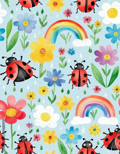Playful spring pattern, seamless design with ladybugs, raindrops, blooming fields, and rainbows, saturated colors creating a joyful springtime vibe.