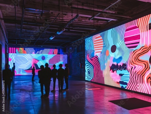 Vibrant digital art installation in a modern gallery. People admire large-scale colorful LED screen displays featuring abstract designs and patterns.