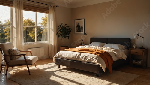 interior of bedroom . This cozy bedroom features a comfortable bed, a chair, and a window with a view. It is bathed in warm, natural light and has a calm, inviting atmosphere.