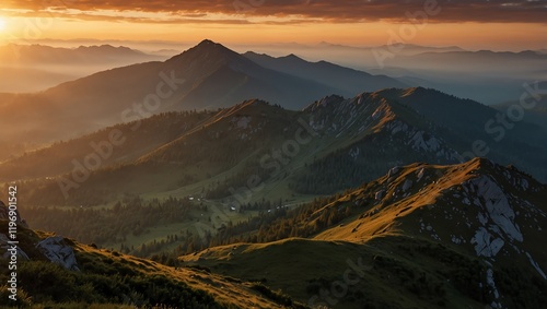 sunset in the mountains . A landscape photograph showcases mountain peaks at sunset, with a layered view of the ranges. 