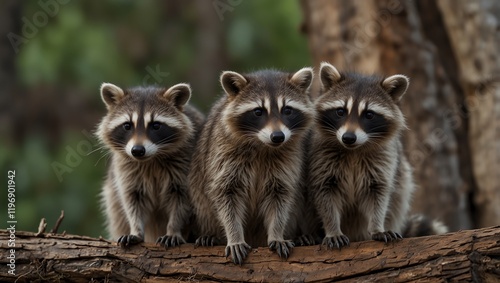 Raccoon on the ground , Three raccoons sit together on a log, facing forward.