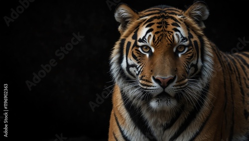portrait of a tiger , A close-up photo of a tiger, with rich orange and black stripes, is centered against a dark background