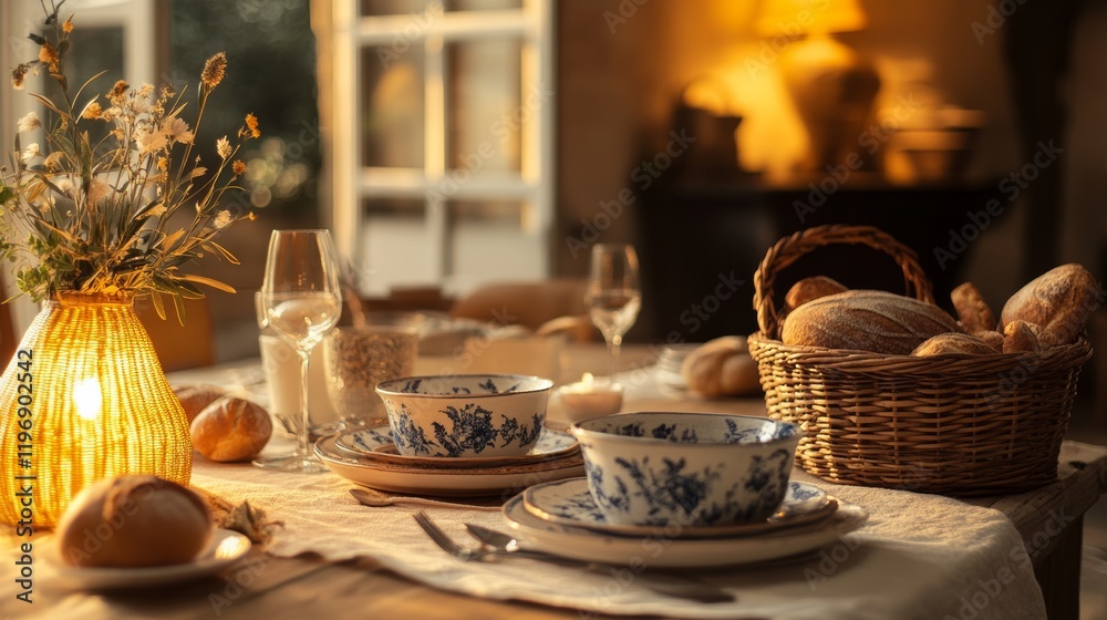 Fototapeta premium A family-style dining table featuring hand-painted ceramics, warm lighting, and fresh bread baskets.