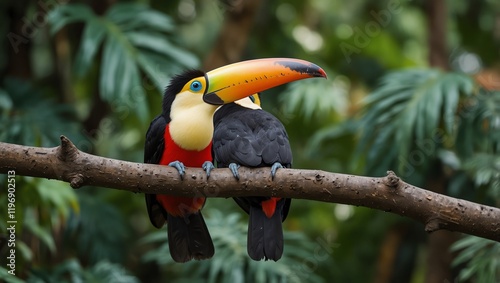 Toucan on a branch , Two toucans are perched on a branch, facing left, one with red chest and yellow throat. 