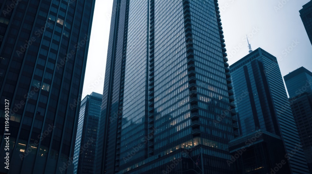 Toronto's Financial District skyscrapers under gentle, soft light diffused shadows, subtle illumination, detailed focus, Toronto's Financial District skyscrapers under gentle, soft light diffused shadows, subtle illumination, detailed focus,