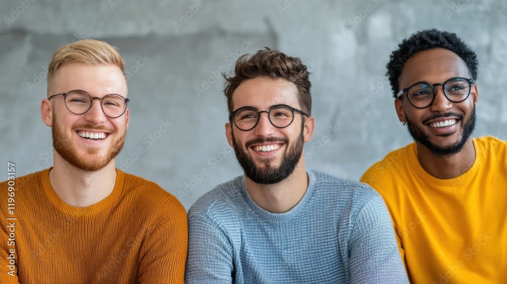 Smiling group of diverse friends enjoying a cheerful moment together in a modern indoor setting with soft lighting Smiling group of diverse friends enjoying a cheerful moment together in a modern indoor setting with soft lighting