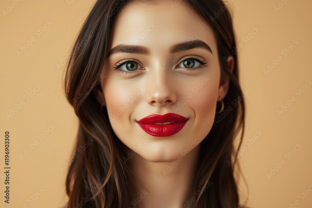High-resolution stock photo A young woman with elegant features, playful smirk, and deep crimson lipstick. Neutral beige background.  Image is sophisticated and polished, commercial quality, professio