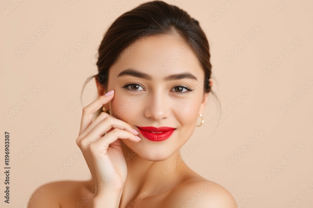 High-resolution stock photo A young woman with refined features, playful expression, and bold red lipstick.  Neutral background, graceful and elegant pose. Commercial style, professional quality. Soft